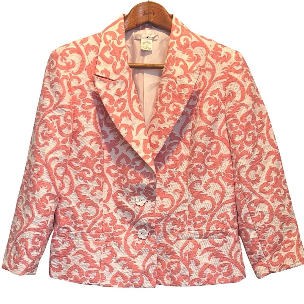 NEW WD.NY Coral & White Blazer Size 12 Two Button Notched Lapel Flower Buttons